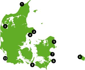 Danmarkskort der viser hvor de 10 bedste makrelfiskepladser ligger