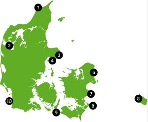 Danmarkskort der viser hvor de 10 bedste makrelfiskepladser ligger